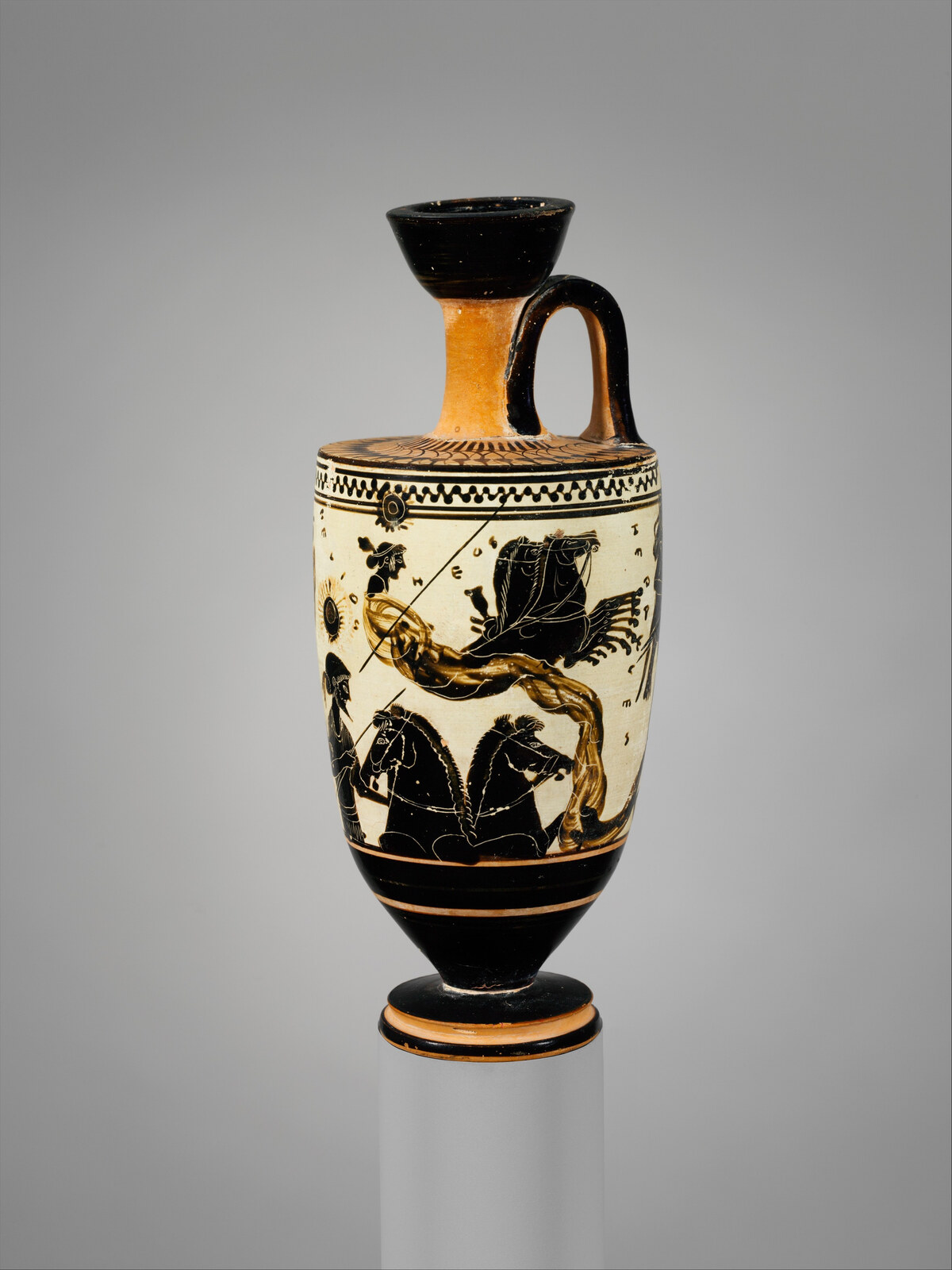 Ancient Attic oil flask with Nyx, Eos, and Helios.