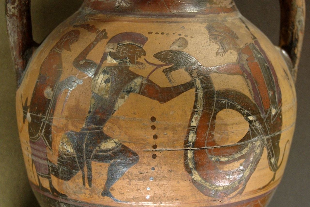 Helmeted warrior confronting a dragon on a Greek vase, selected for Phobos