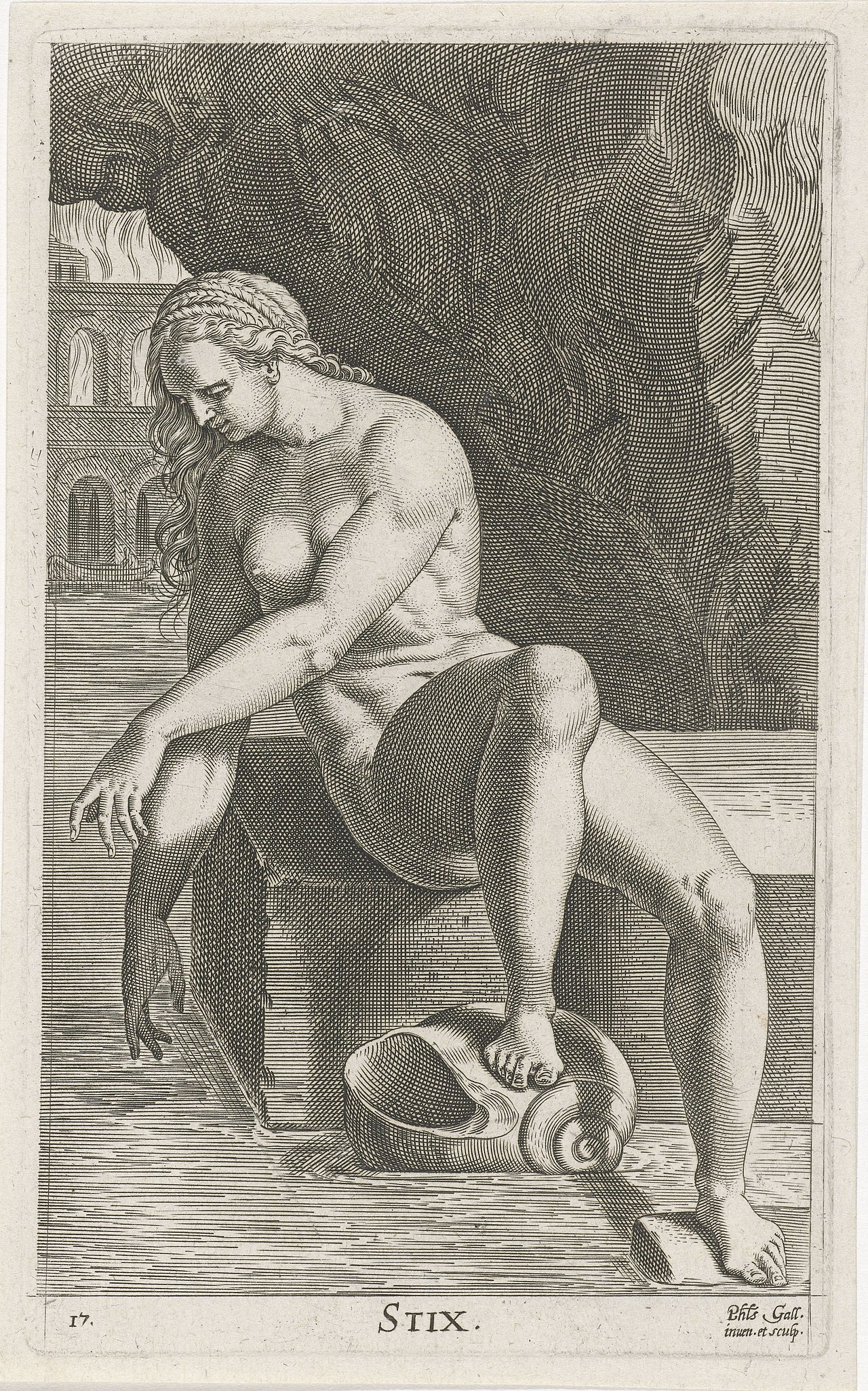 Styx seated beside her water urn, identified by the STIX inscription in Philips Galle’s engraving