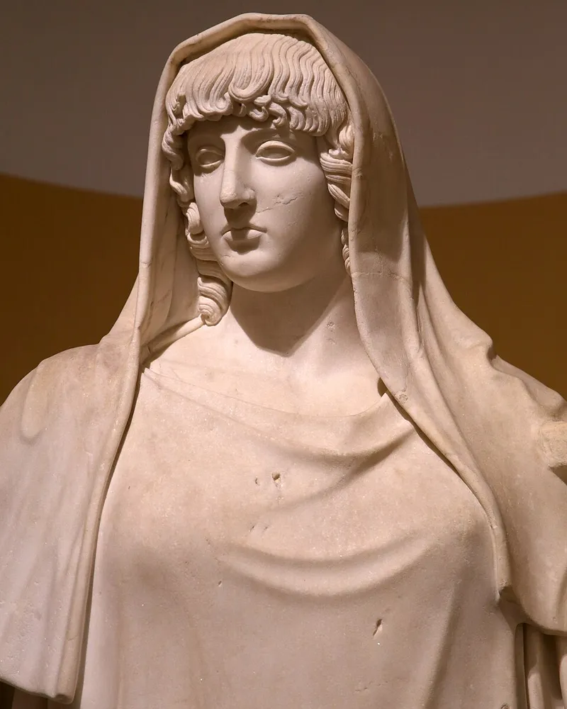 Head and upper body of the veiled marble statue traditionally called the Hestia Giustiniani.